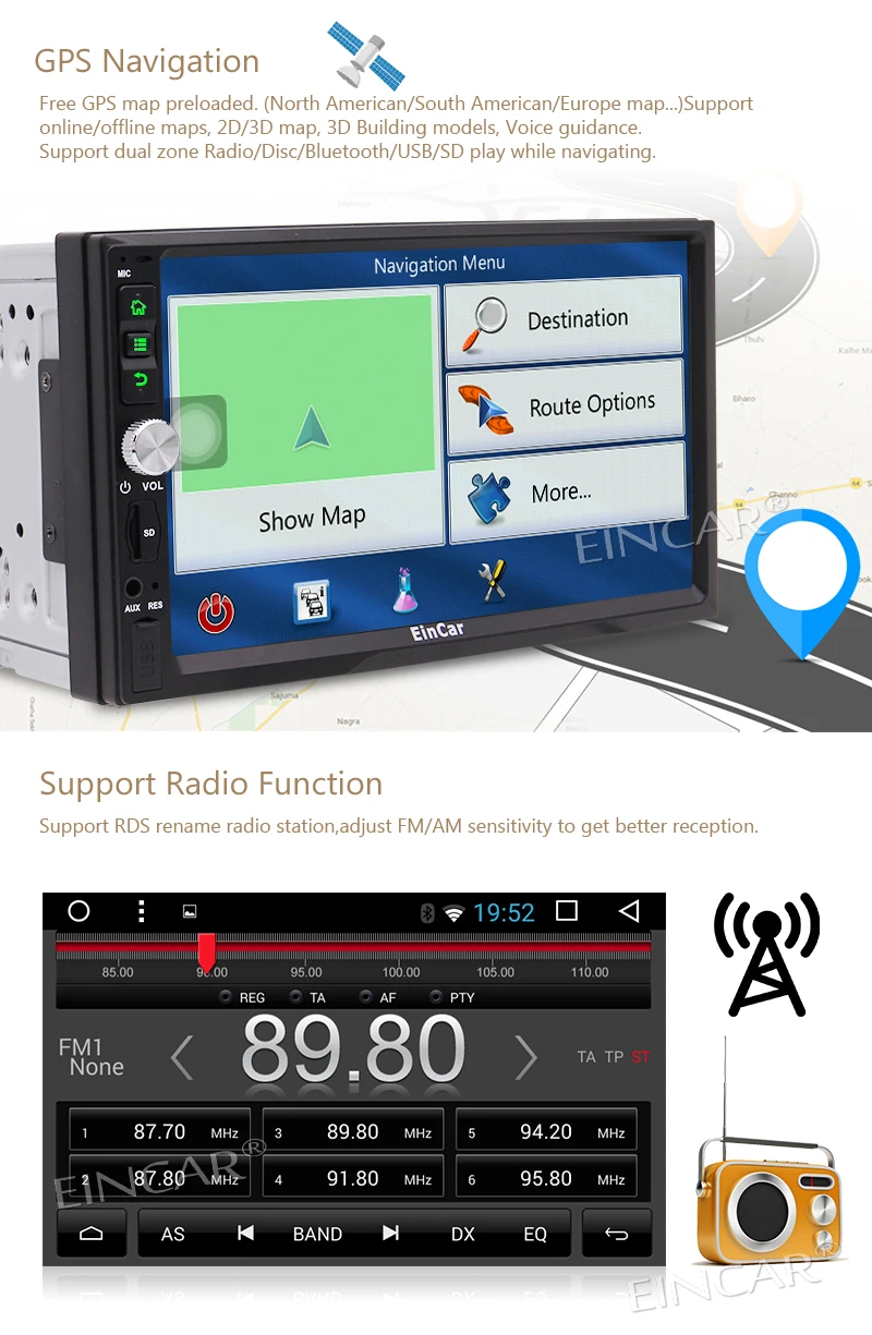 Discount Eincar HD 7"Android 6.0 Car Radio 2Din Stereo Touchscreen GPS Head Unit Support External Microphone Wifi 4G Autoradio RDS/SD/USB 6