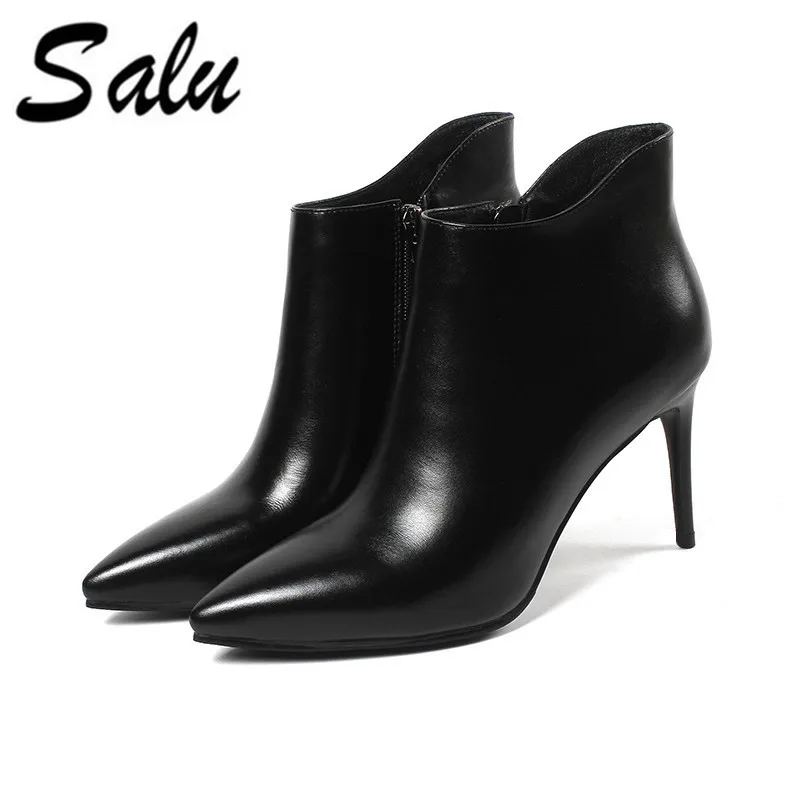 Salu New Women Leather Winter Shoes High Heels Ankle Boots Genuine Leather Short Plush Autumn Fashion