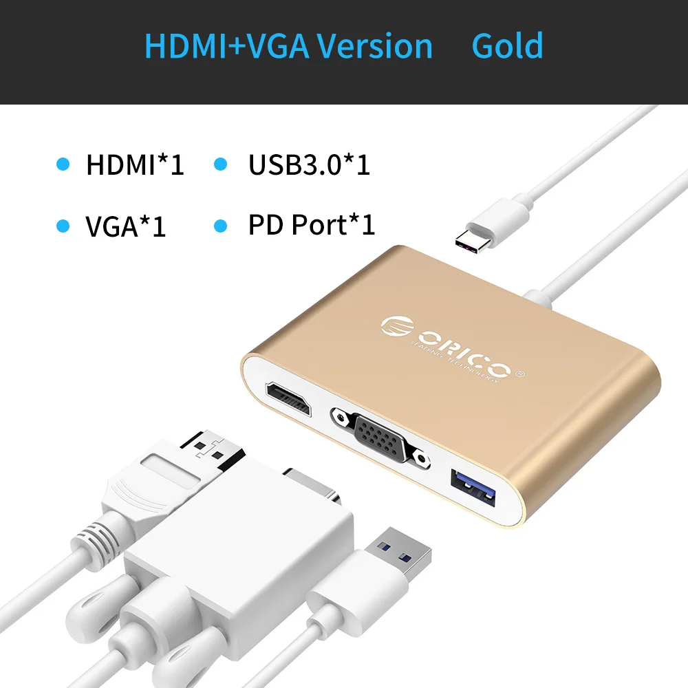 ORICO usb-хаб USB C к HDMI RJ45 VGA type-C PD адаптер для Mac/samsung Galaxy/huawei type C USB 3," концентратор - Цвет: RCHV-Gold