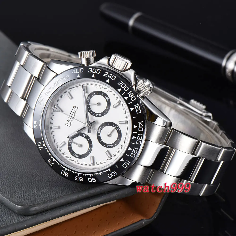 39mm PARNIS clock white dial sapphire crystal deployment clasps Ceramic bezel solid full Chronograph luxurious quartz mens watch