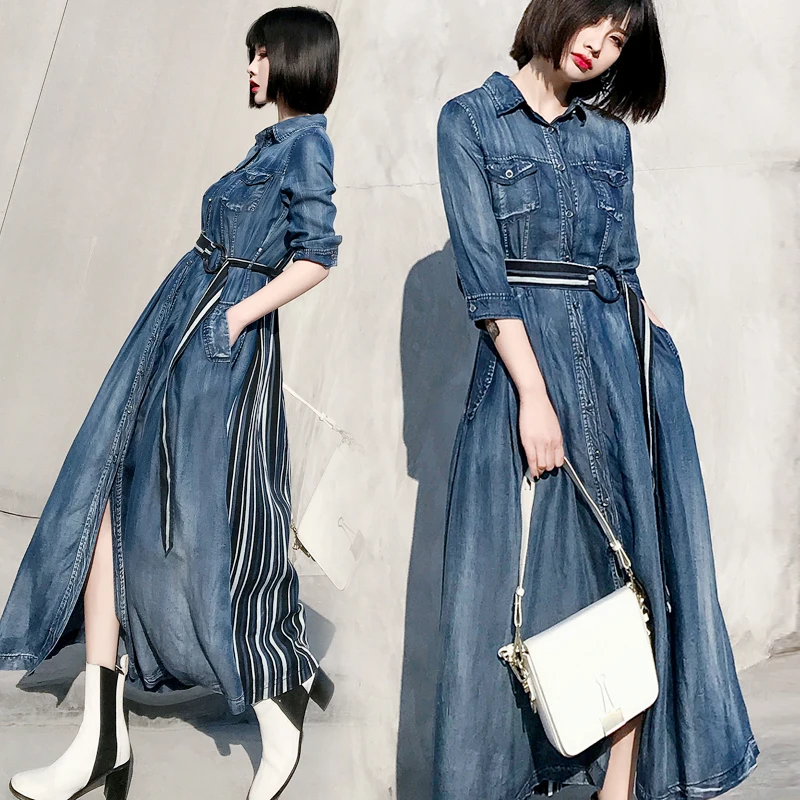 

2019 Spring Summer Vintage Denim Dress Plus Size 2XL Women High Waist Single Breasted Big Swing Long Maxi Denim Jeans Dress