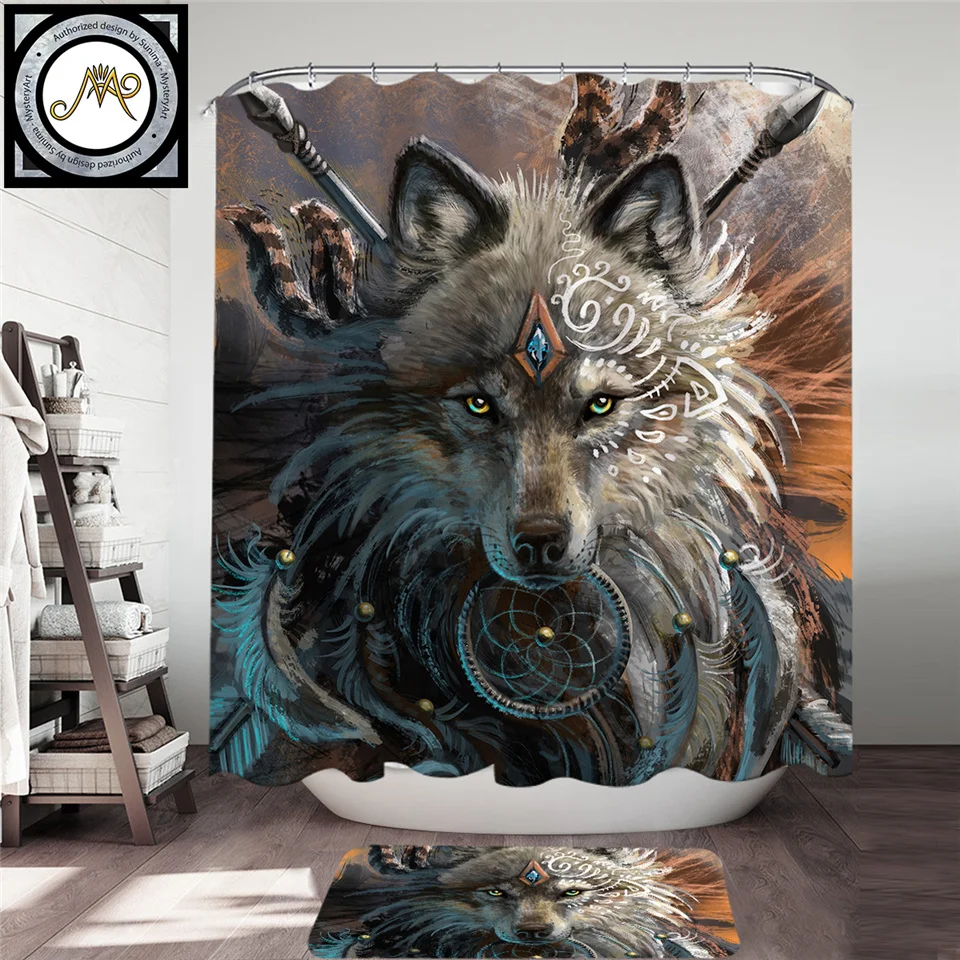 

Wolf Warrior by SunimaArt Shower Curtain Set American Waterproof Bath Curtain 2-Piece Indian Wolf Dreamcatcher Bathroom Mat Set