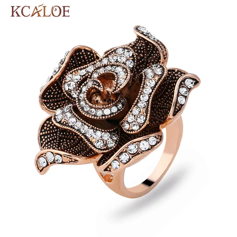 

KCALOE Rose Gold Color Big Flowers Women Ring Bague Engagement Anillos Anel Crystal Rhinestone Vintage Wedding Rings Jewelry