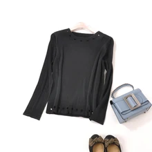 Горячие продажи Miyake моды раза длинные рукава новые пикантные с круглым вырезом полые футболка