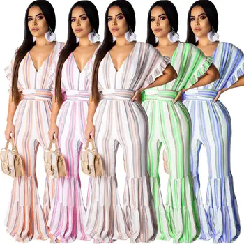 

Spring Summer Women Jumpsuit Bodycon Playsuit Bodysuit Overalls Rompers Plus Size Stripe Color Loose Flare Pants Jumpsuits