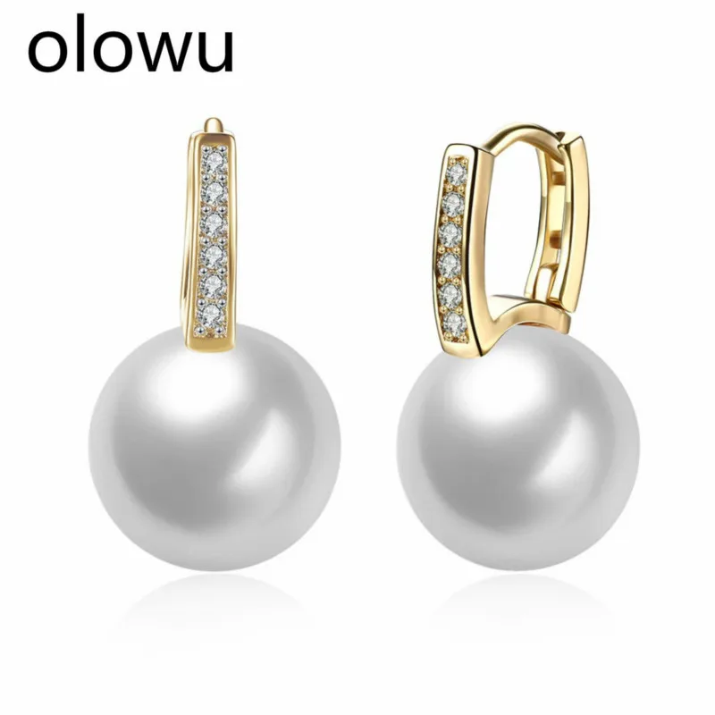 

olowu Girl Small Champaign Gold Hoop Earrings For Women White Simulated Pearl Cubic Zirconia Crystal Huggie Earrings Wedding