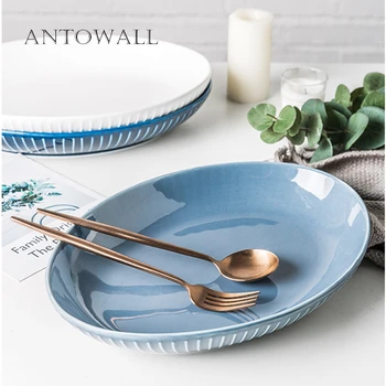 

ANTOWALL Nordic ins style ceramic dinnerware home white and blue 12inch super large fish dish stripes oval dish plate