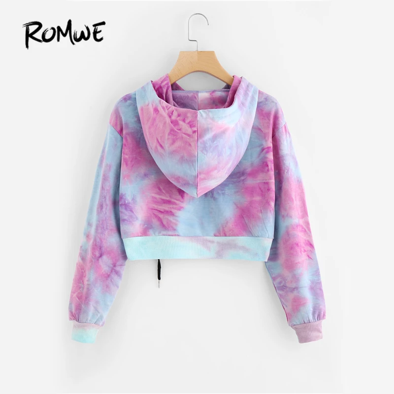  ROMWE Water Color Crop Hoodies Multicolor Casual Women Drawstring Hooded Sweatshirt Autumn Tie Dye 