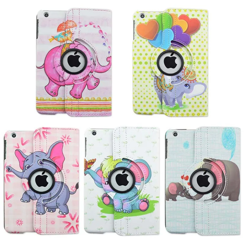 

360 Degree Rotating Elephant Print Cartoon Flip Stand Leather Protective Skin Cover Case For Apple ipad mini 1 2 3 7.9" Tablet
