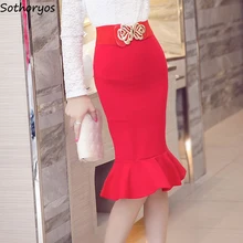 Юбки Женские Harajuku Элегантные Русалка плюс размер 5xl до колена офисные женские простые Универсальные однотонные женские юбки с высокой талией