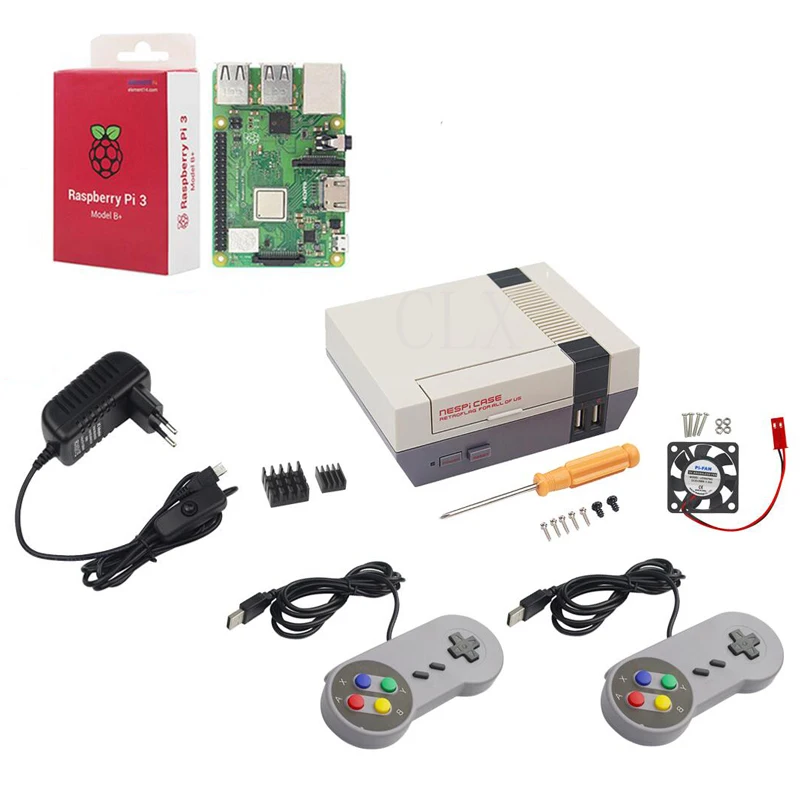 

NESPi CASE+ Raspberry Pi 3 Model B/B+ Kits + 3A Power Adapter + Heat Sink + 2 Gamepad Controller for Retropie