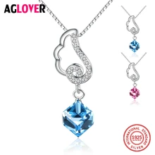 100% 925 Sterling Silver Necklace Box Chian with Austrian Crystal AAA Zircon Elegant Square Pendant Necklace for Women Jewelry elegant crystal zircon pendant necklace silver white red