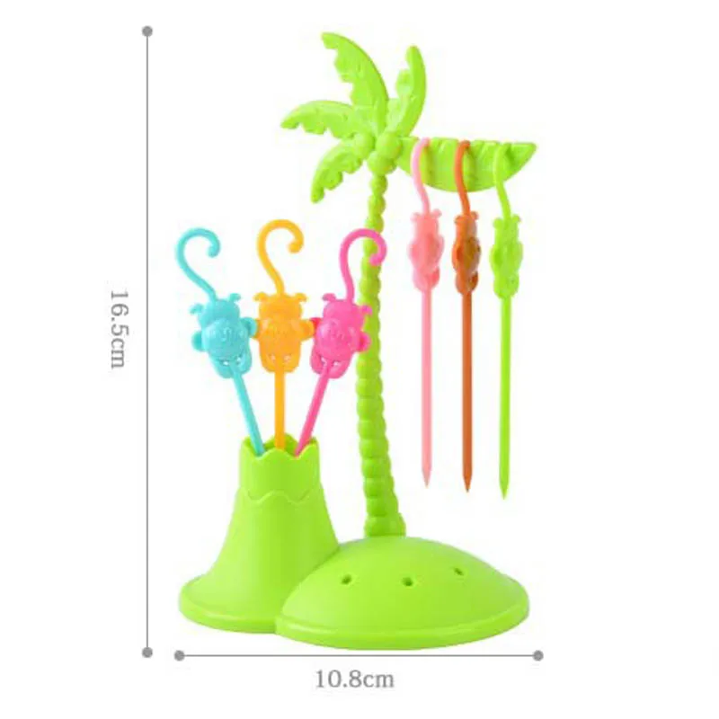 FHEAL Cute Coconut Tree Monkeys Creative Fruit Fork Set Plastic Fruit Forks Vegetable Fruit Dessert Fork Set Toothpick Holder (4)
