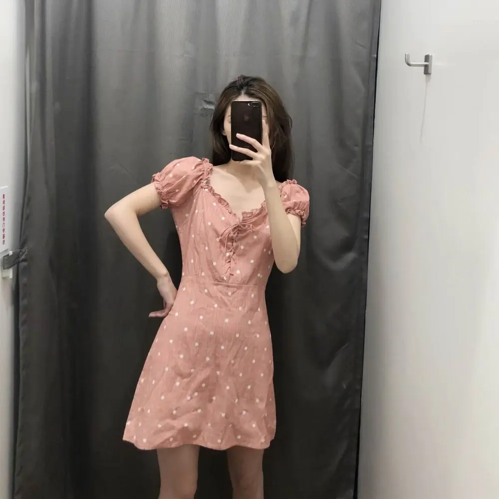 

za 2019 summer preppy style square collar Women zipper cotton polka dot pockets mini dresses cute dresses for girls vestidos