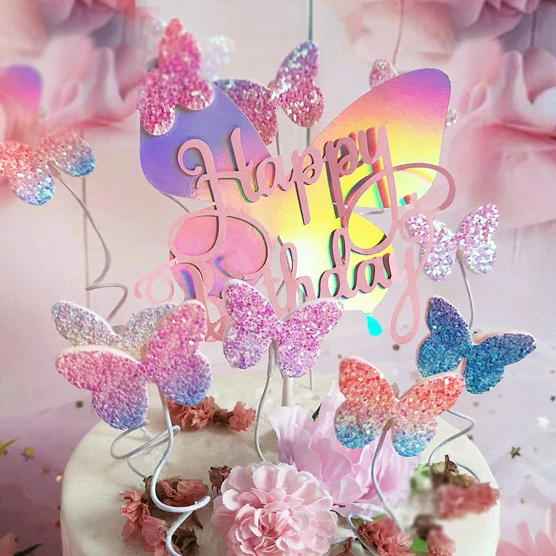 

Biling Colourful Laser Butterfly "Happy Birthday" Cake Topper Dessert Decoration for Birthday Party Lovely Gifts