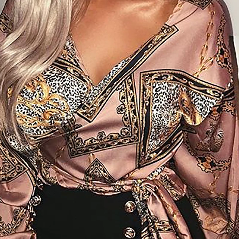 2018 Autumn Fashion Women Elegant V-Neck High Street Causal Party Shirt Vintage Female Tie Waist Bishop Sleeve Wrap Blouse