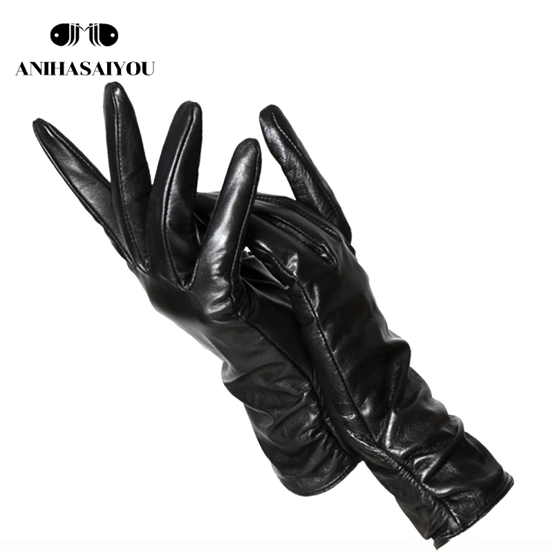 

28 cm winter gloves sheepskin genuine leather gloves elastic style multi-color velvet lining winter warm leather gloves women
