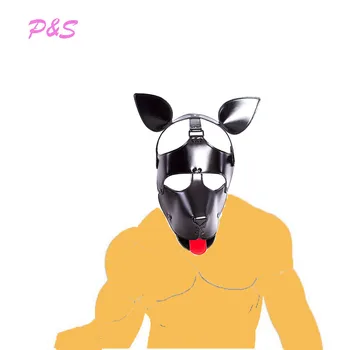 

PU Leather Puppy Play Sexy Costume Dog Cosplay Hood Mask With Ears Tongue Pet ,Hood Role Play Accessories Sexy Bondage Mask