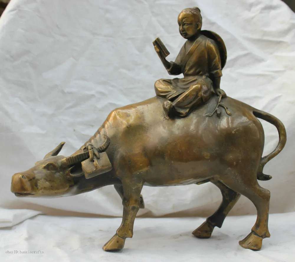 

12'' Chinese Folk Culture Pure Copper Bronze Statue cowboy And Ox Bull Statue