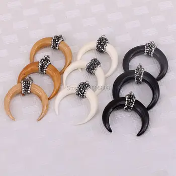

ZYZ-P0259 10pcs Fashion White / Black / Peach Bull Bone Pendant, Double Horn Pave Crystal Pendant charms