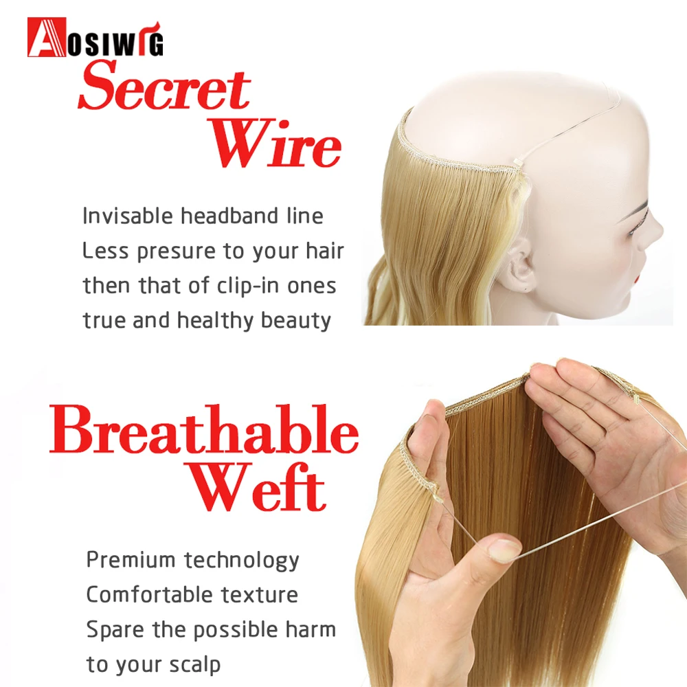 22 inches Women Fish Line Hair Extensions Heat Resistant Synthetic Invisible Wire No Clips Long Curly Hairpiece AOSIWIG