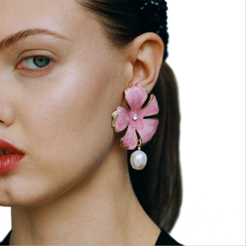 

Yhpup Trendy Sweet Multi-Color Flower Enamel Dangle Earrings Statement Baroque Imitation Pearls for Female Party Jewelry Brincos