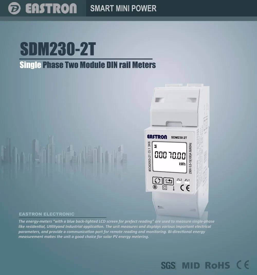 SDM230-2T MID одиночный фазовый измеритель энергии, 220/230 V, Pulse/выходом Modbus, RS485, дистанционного общения с AMR/scada-системы, средней длины