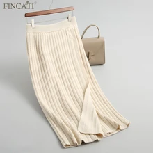 Женская длинная юбка Fincati, Осень-зима, Вязанная, однотонная, до середины икры, модная, с разрезом, с подолом, универсальная, однотонная, Женская юбка