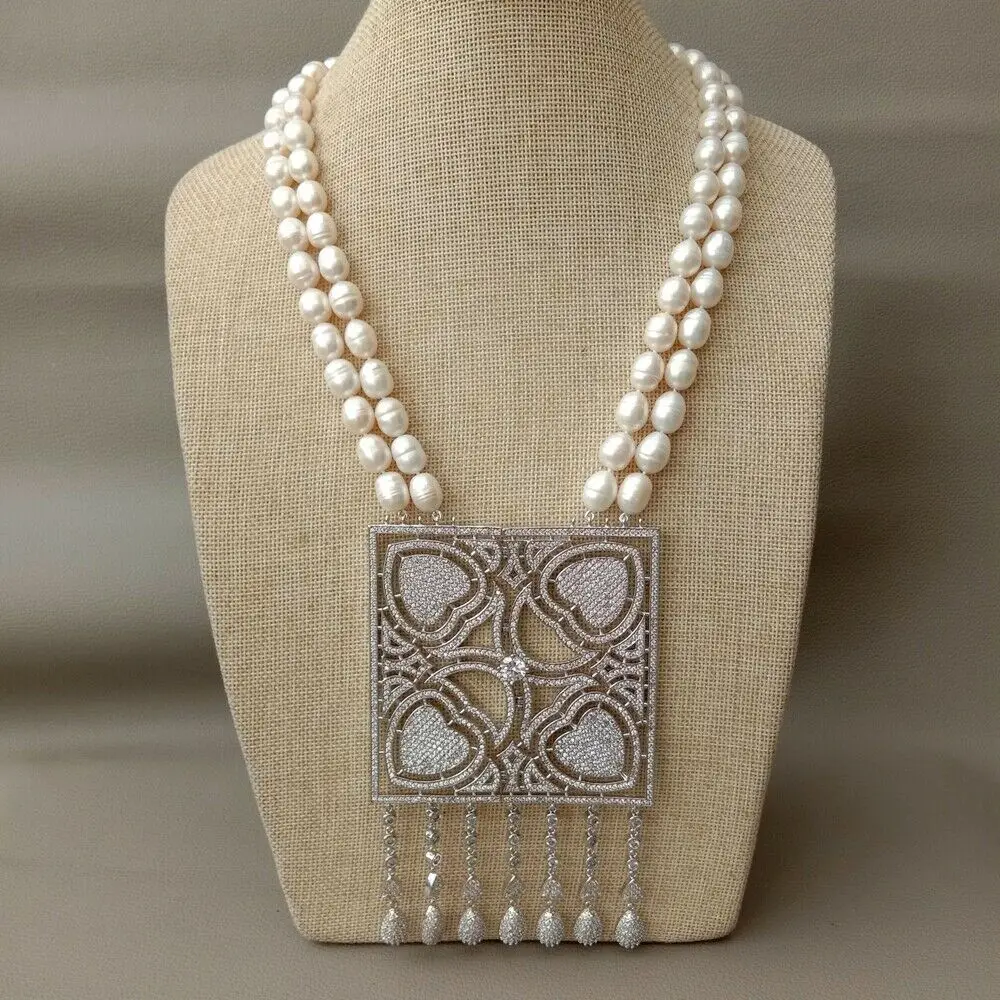 

2 Strands 9x11MM Rice Pearl Necklace Big Square CZ Pendant 21''-22