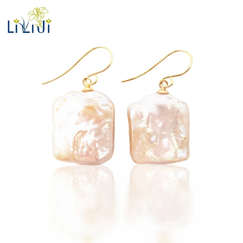

LiiJi Unique Fashion Women Jewelry Big AA+ Baroque Pearl Square Shape 925 Sterling Silver Drop Earrings