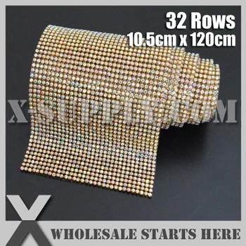 

3mm 32 Rows Metal Rhinestone Mesh Trim Crystal AB Rhinestone in Gold Base with Back Glue for Bridal Dress,Cake Stand,Wine Bottom