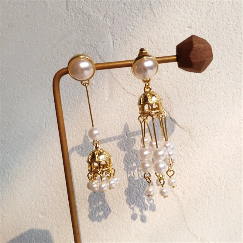 

Vintage Asymmetric Court Bird Cage Pearl Pendant Earrings Ear Clips Fashion Elegant Earrings Show Mature Female Glamour Jewelry