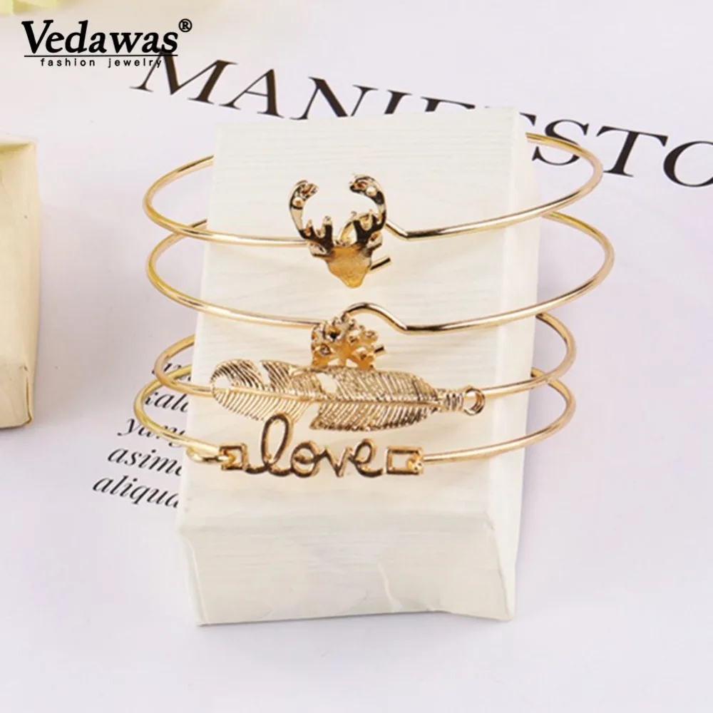 

Vedawas Boho Feather Snowflake Bracelets For Women Fashion Love Elk Bracelet Handmade Jewelry Gift 4PCS/Set Accessories xg2315
