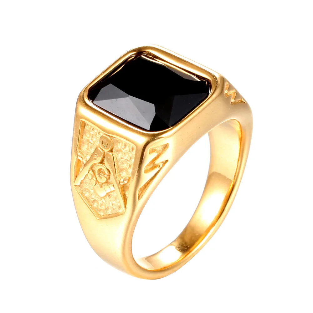 

Hip Hop AG Masonic Freemason Rings Natural Stone Gold Color 316L Stainless Steel Geometric Square Men Signet Ring Jewelry