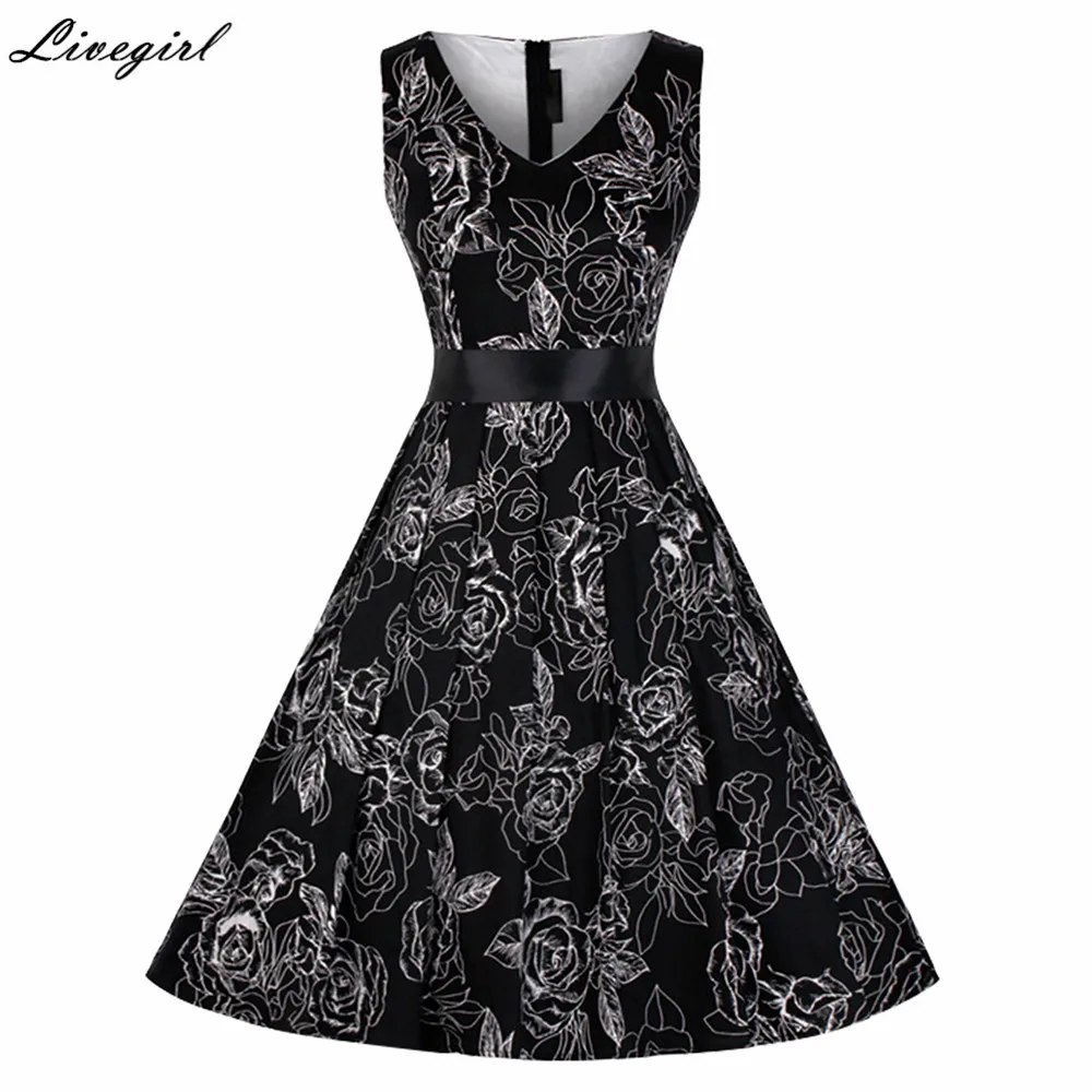 Women S Vintage Retro Foral Print Dress Rockabilly V Neck Sleeveless