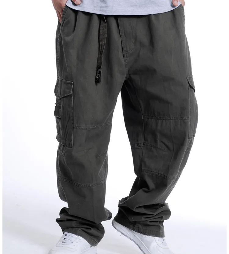 Mens Elastic Waist Loose Baggy Cargo Pants Men Streetwear Hiphop Pants Men Hip Hop Sweatpants Casual Trouser Khaki Grey Black