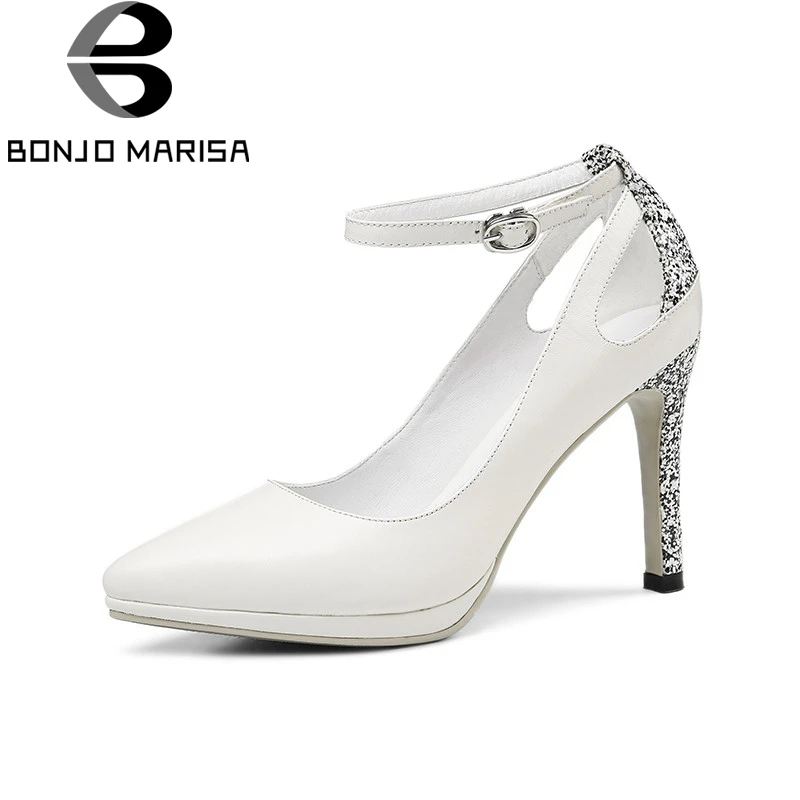 

BONJOMARISA 2018 Summer Brand Women Kid Leather Pumps Elegant Shallow Lady Shoes Woman High Heels Glitter Shoe Big Size 33-40