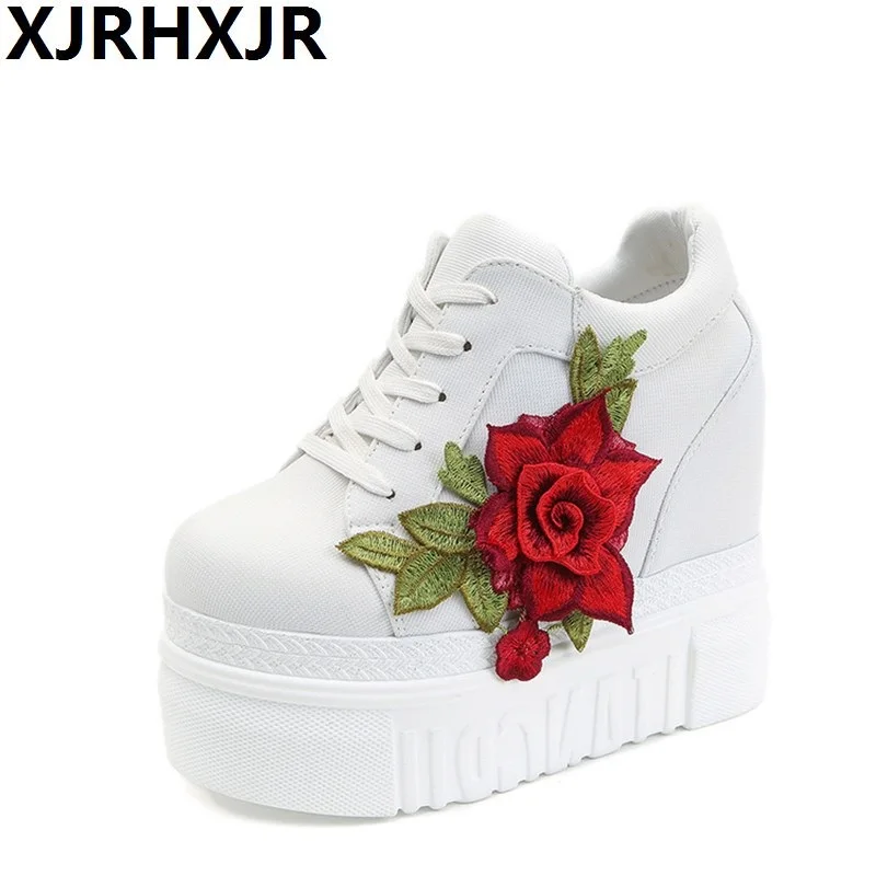 

XJRHXJR Rose Wedges Pu Shoes Woman Platform Shoes Hidden Heel Height Increasing Casual Shoes Female Chaussure Femme Size 35-39