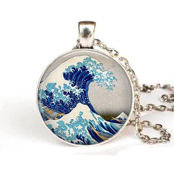 Fashion Chain Great Wave Off Kanagawa neccklace - Handcrafted Keepsake Pendant Tidal Japanese Wood Block necklace | Украшения и