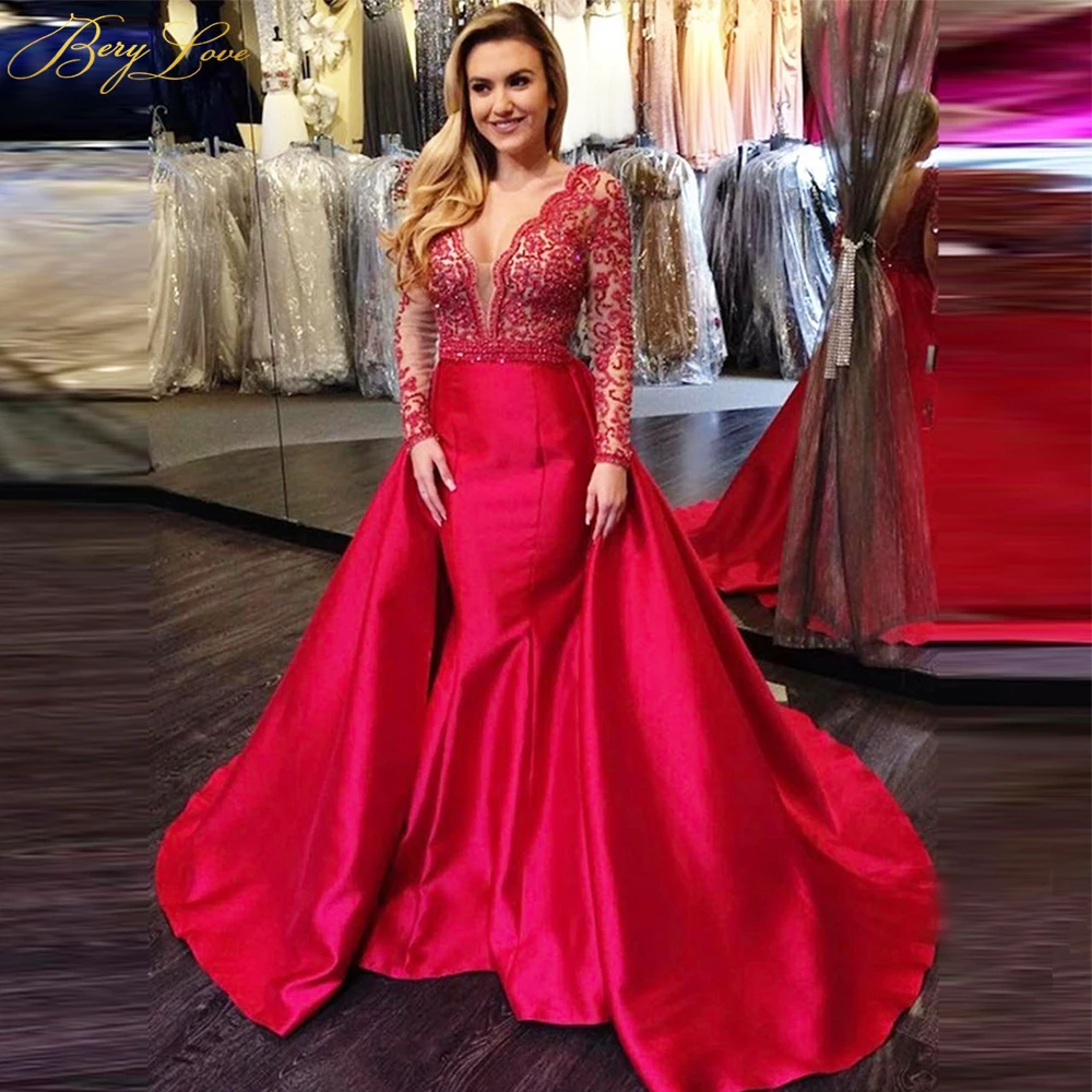 

Red Long Sleeves Evening Dresses 2020 Sequined Backless Deep V Neck Formal Evening Long Dress Prom Gowns Robe Soiree Longue