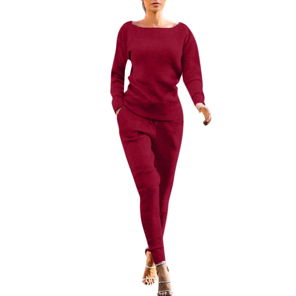 JAYCOSIN Для женщин Комплект одежды однотонные Цвет комплект из двух предметов, свитер с длинными рукавами топ и длинные штаны осень-зима спортивный костюм для Для женщин