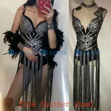 Free feather shawl Fringes Rhinestones Bodysuit Stage Sexy Leotard Women Birthday Celebrate Female Singer Party Dance Costume