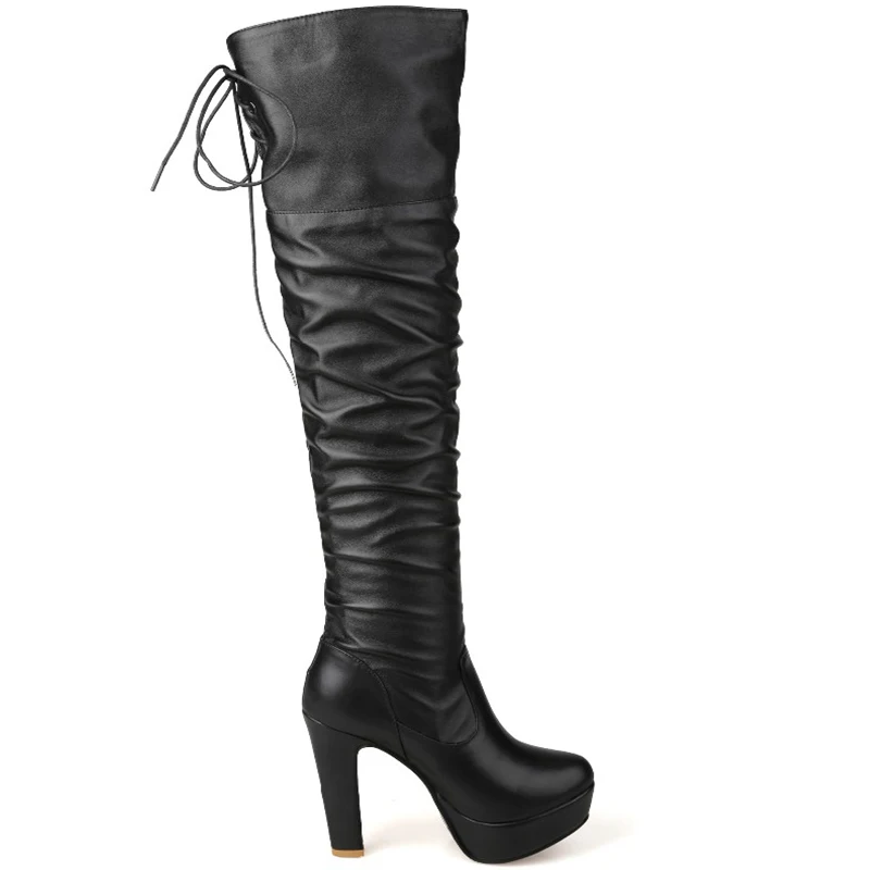 Для женщин зима не сужающийся книзу массивный кожаные ботинки со шнуровкой Модные Сапоги выше колена сапоги на высоком каблуке размера плюс 40, 41, 42, 43 Размеры
