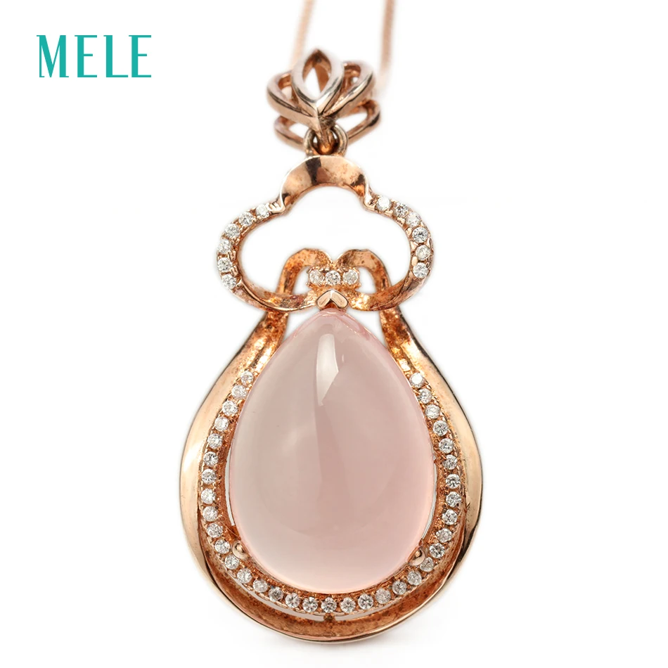 

MELE Natural rose quarts 925 silver pendant , pink pear shape,Plated rose gold, best gift for friends and family