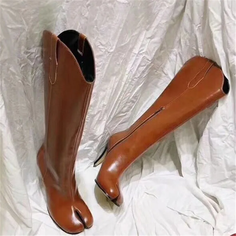 

Genuine Leather Long Boots Tabi Strange Toe Knee High Boots Sexy High Heels Shoes Pumps 2019 Knight Boots Runway Botas Mujer