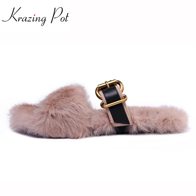 Krazing pot rabbit fur metal buckle brand shoes flats large size women peep toe sandals keep warm spring outside slippers L81