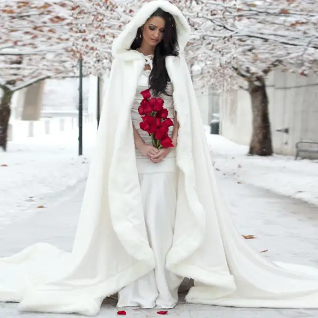 invierno novia del cabo capas con capucha de piel falsa de boda