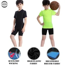 Детские облегающие тренировочные комплекты с 3D принтом(футболка+ шорты), эластичное быстросохнущее Впитывающее Спортивное нижнее белье для мальчиков и девочек