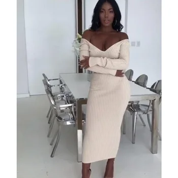 

2018 New Arrival Fashion Women Bandage Dress Sexy Off Shoulder Long Sleeve V Neck Bodycon Winter Elegant Party Dresses Vestidos
