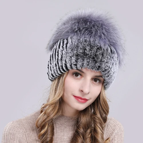 Outdoor Women Warm Soft Genuine Rex Rabbit Fur Hat Knitted Natural Real Sliver Fox Fur Caps Winter Real Rabbit Fur Beanies Hats - Цвет: color 2